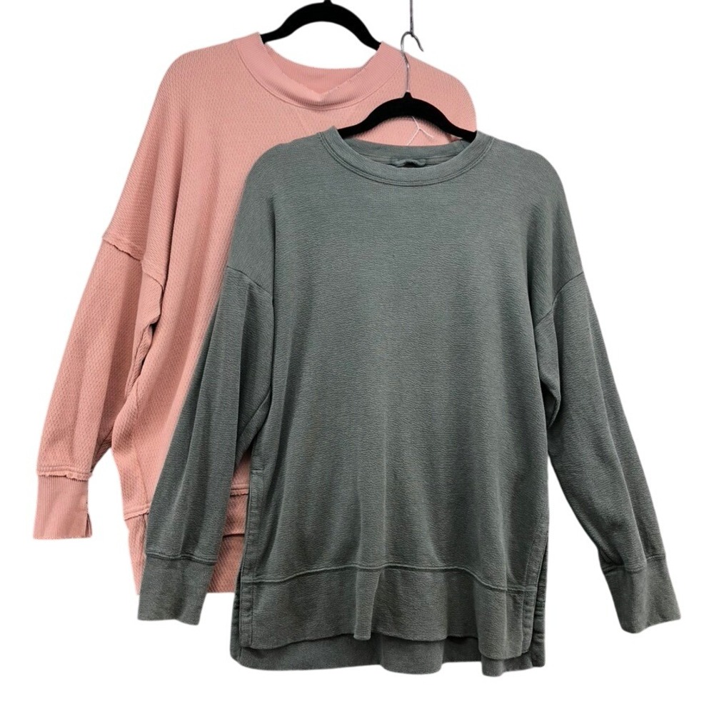 Aerie Waffle Knit Sweatshirt Women S/XS Adult Pink Green Oversized 2 Pack Bundle